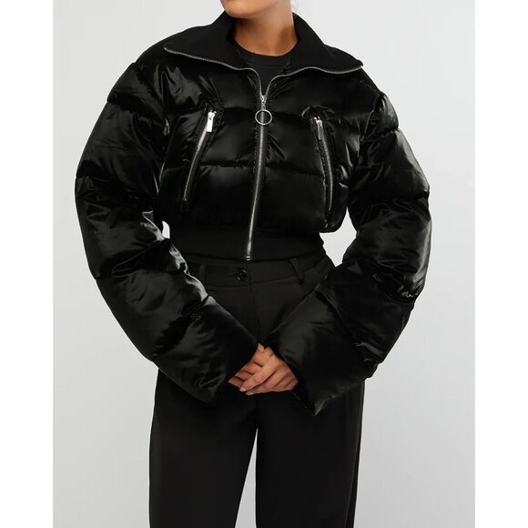 WeWoreWhat Cropped Puffer Jacket Black Womens Size S Zip Front Quilted Coat - Picture 14 of 16